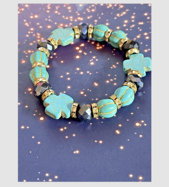 Cross Blue Turquoise Crackle  Stone Stretch   Bracelet