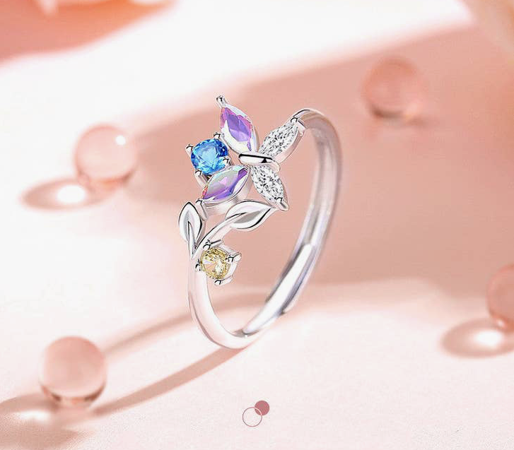 Dainty Colorful Butterfly Leaf  in 925 Sterling Silver  Ring