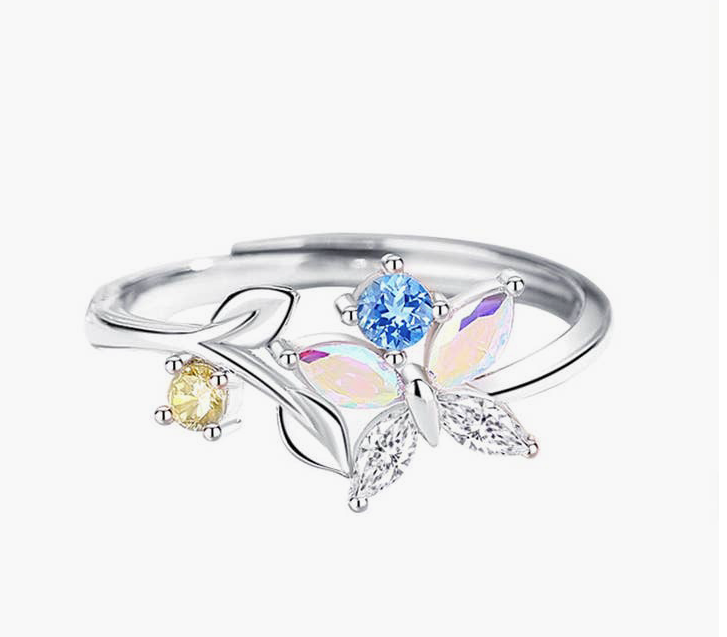 Dainty Colorful Butterfly Leaf  in 925 Sterling Silver  Ring