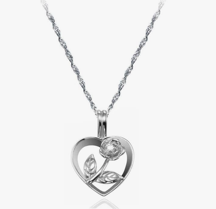 EM  18k White Gold Plated Created Diamond Rose Heart Necklace  (  Pre Order )