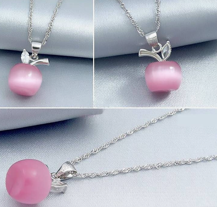 Apple Pink Moonstone Jewelry Set 18k White Gold Filled Necklace and Earrings