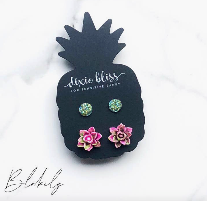 Blakely  ~ Multicolor Flower and  Iridescent Glitter  Stainless Steel  Earrings