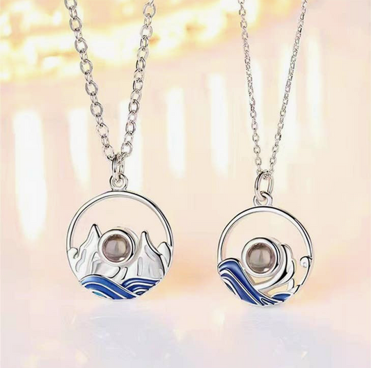 Mountain Ocean Couple Projection Necklace  in 925 Silver