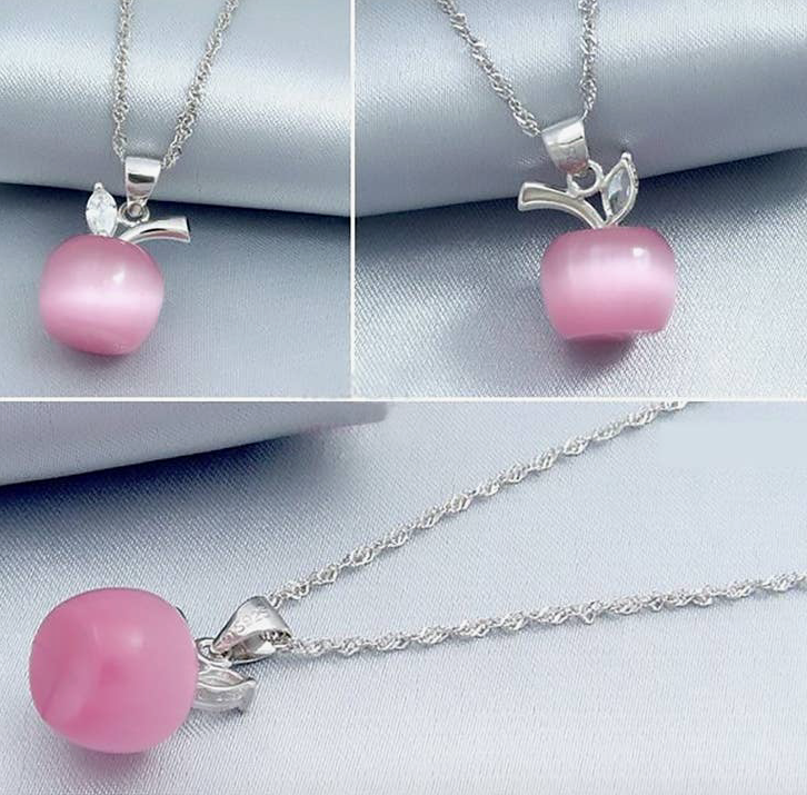 Apple Pink Moonstone Jewelry Set 18k White Gold Filled Necklace and Earrings