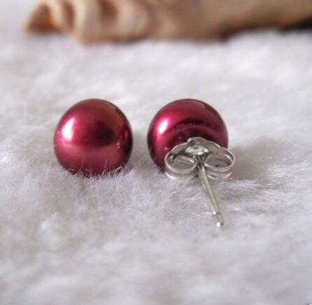 Freshwater Red Pearl on S925 Sterling Silver Stamped Post Earrings