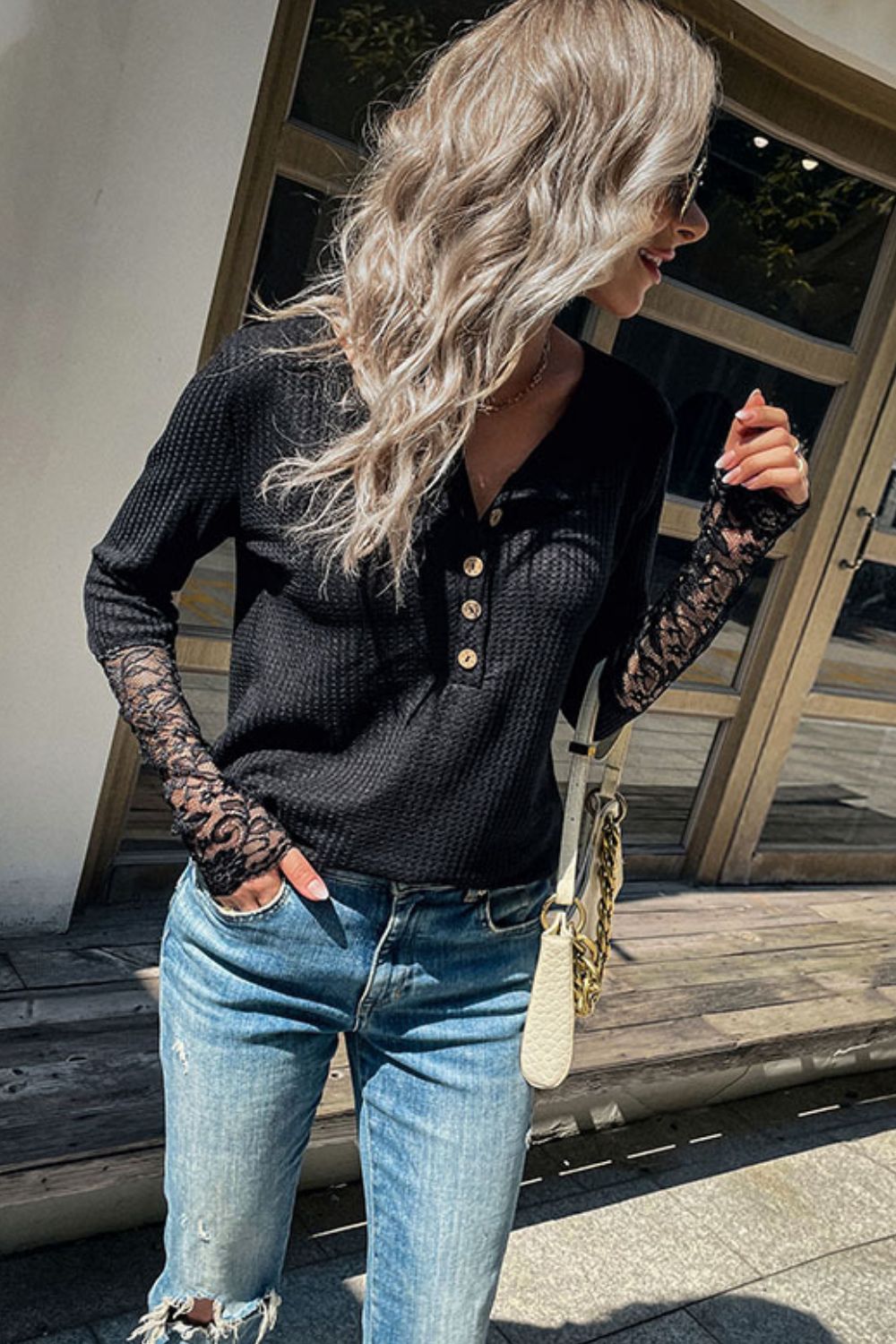 Ladies Top  Half Button Spliced Lace Waffle Knit