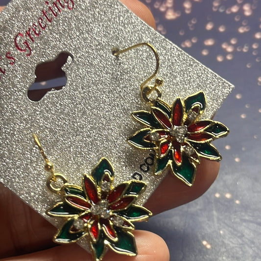 Red Poinsettia with White Crystals Christmas  Earrings   🔥  SALE  🔥