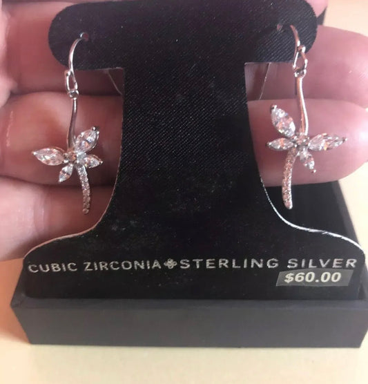 Primrose Flower 🌺 Sterling Silver  CUBIC ZIRCONIA  Dangle  Earrings