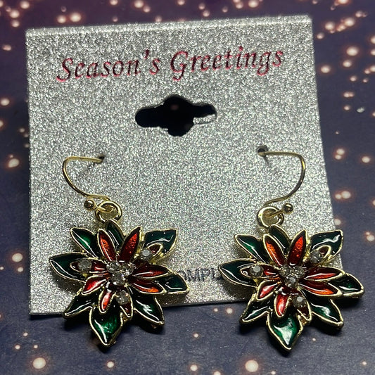 Red Poinsettia with White Crystals Christmas  Earrings   🔥  SALE  🔥